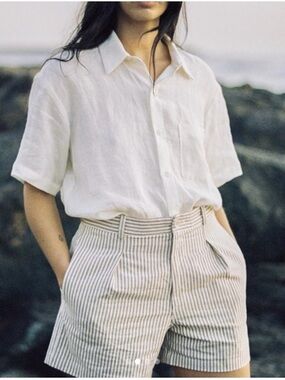 OZMA camp shorts in brown stripe linen medium